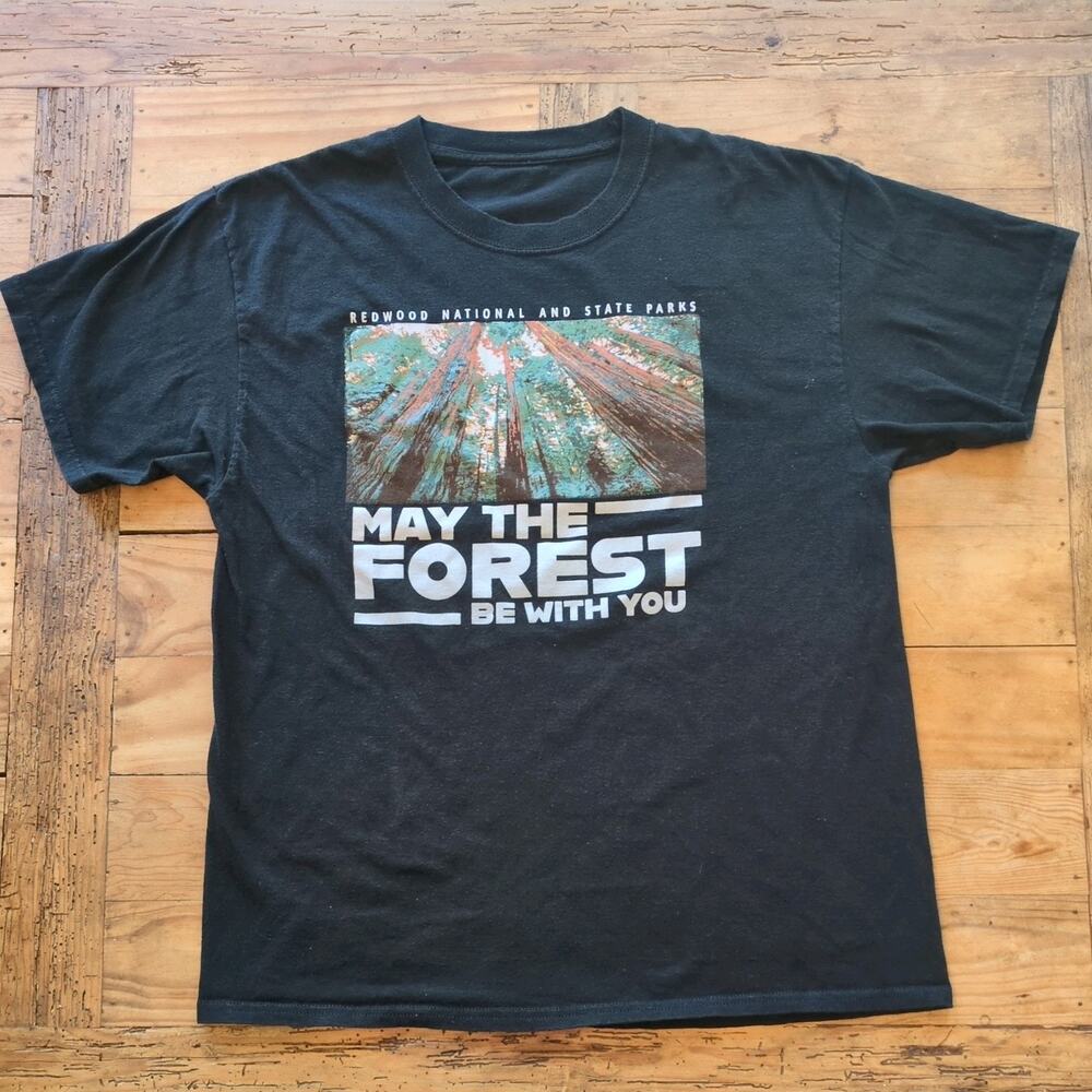 Redwood National Park T‑Shirt Men L Black May the Forest Star Wars Parody Tee